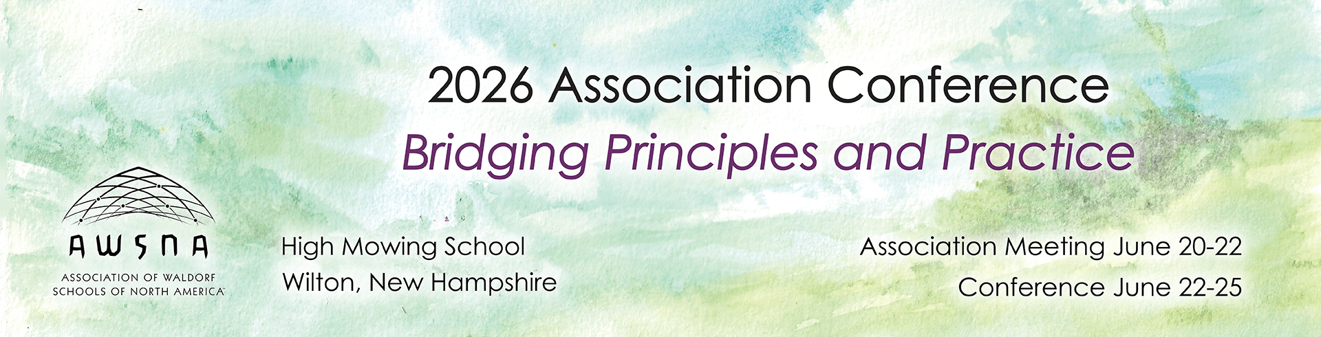 Banner for the 2026 AWSNA Association conference - watercolor wash background in muted greens and browns